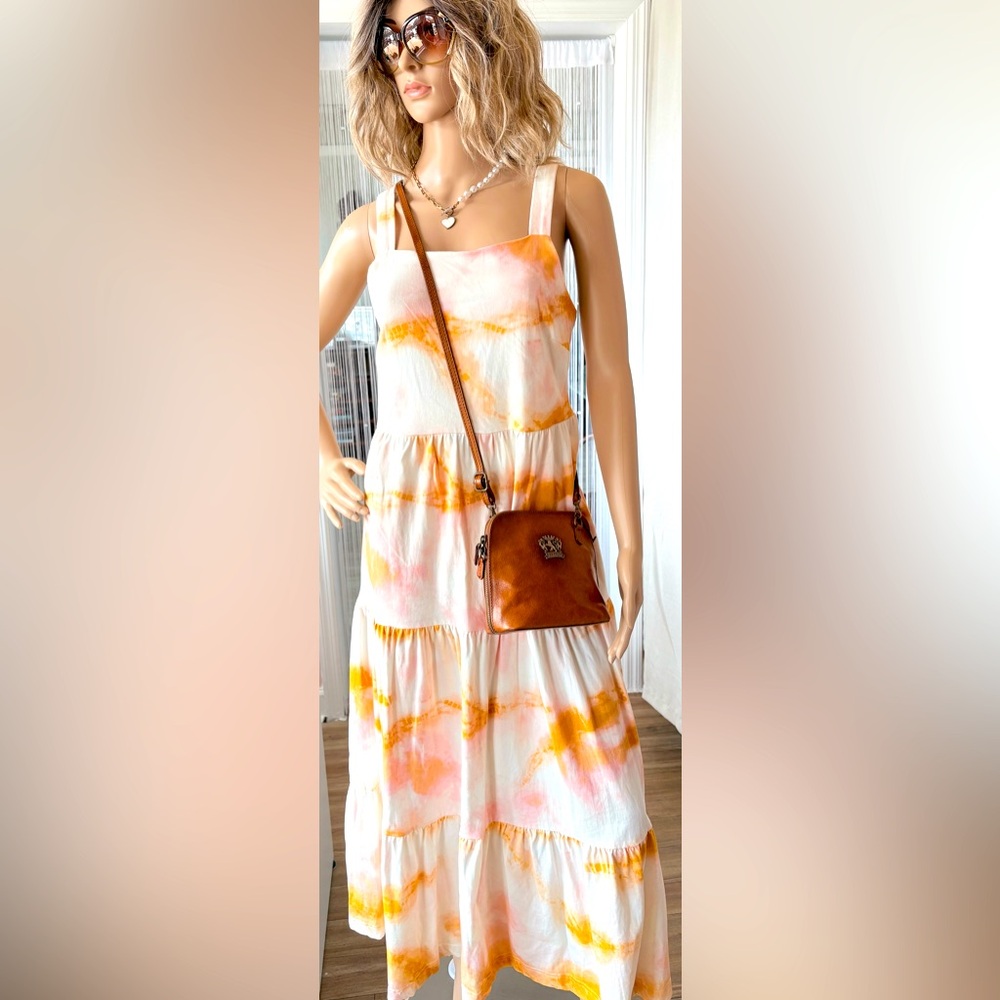 NWOT Versona Orange and White Tie-Dye Midi Dress in size Medium